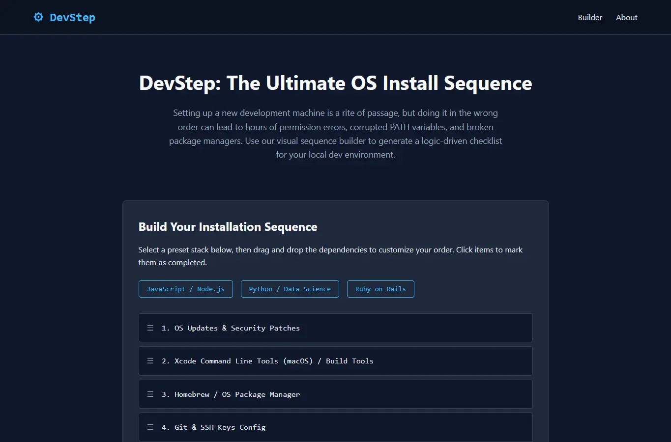 Screenshot of DevStep: OS Install Order interface showing the project page in use